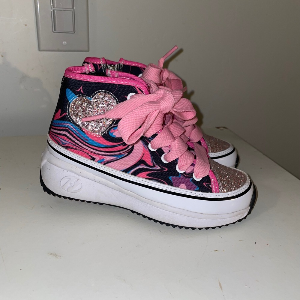Heelys Veloz Chi Pink Blue Swirl Glitter Heart Roller Shoes Youth 13C HE100401